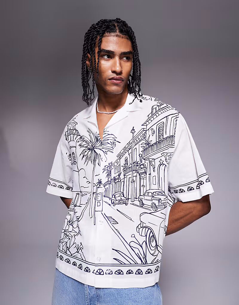 

Белая свободная рубашка ASOS DESIGN с принтом в виде аппликации