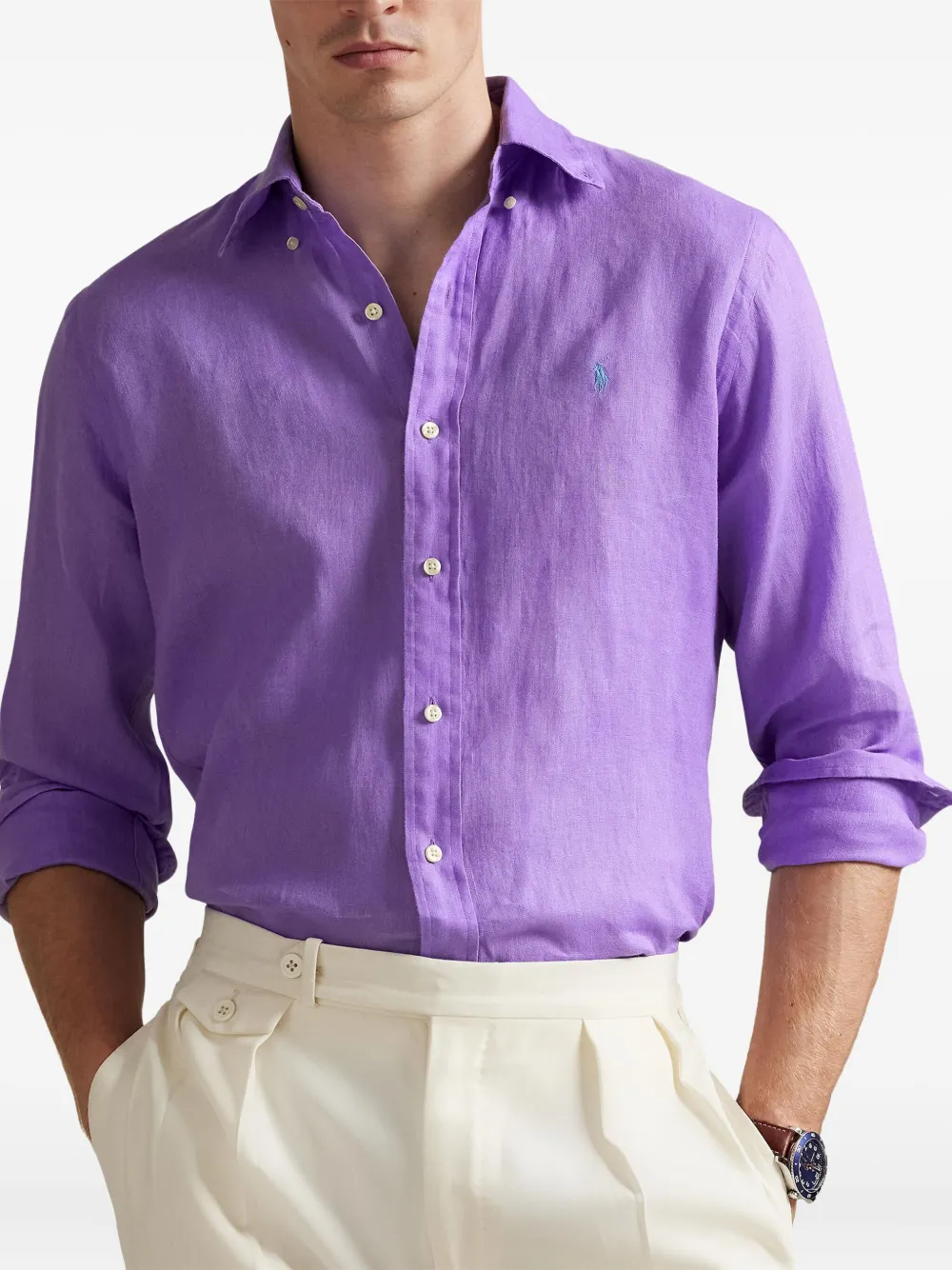 Льняная рубашка на пуговицах POLO RALPH LAUREN, фиолетовый — фото 3