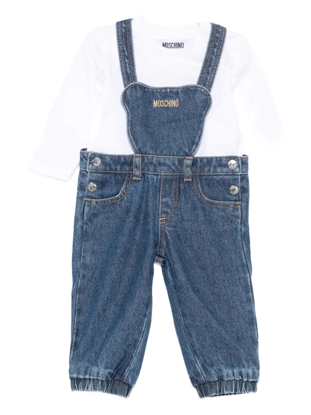 

Джинсовые комбинезоны с вышитым логотипом Moschino Kids, синий