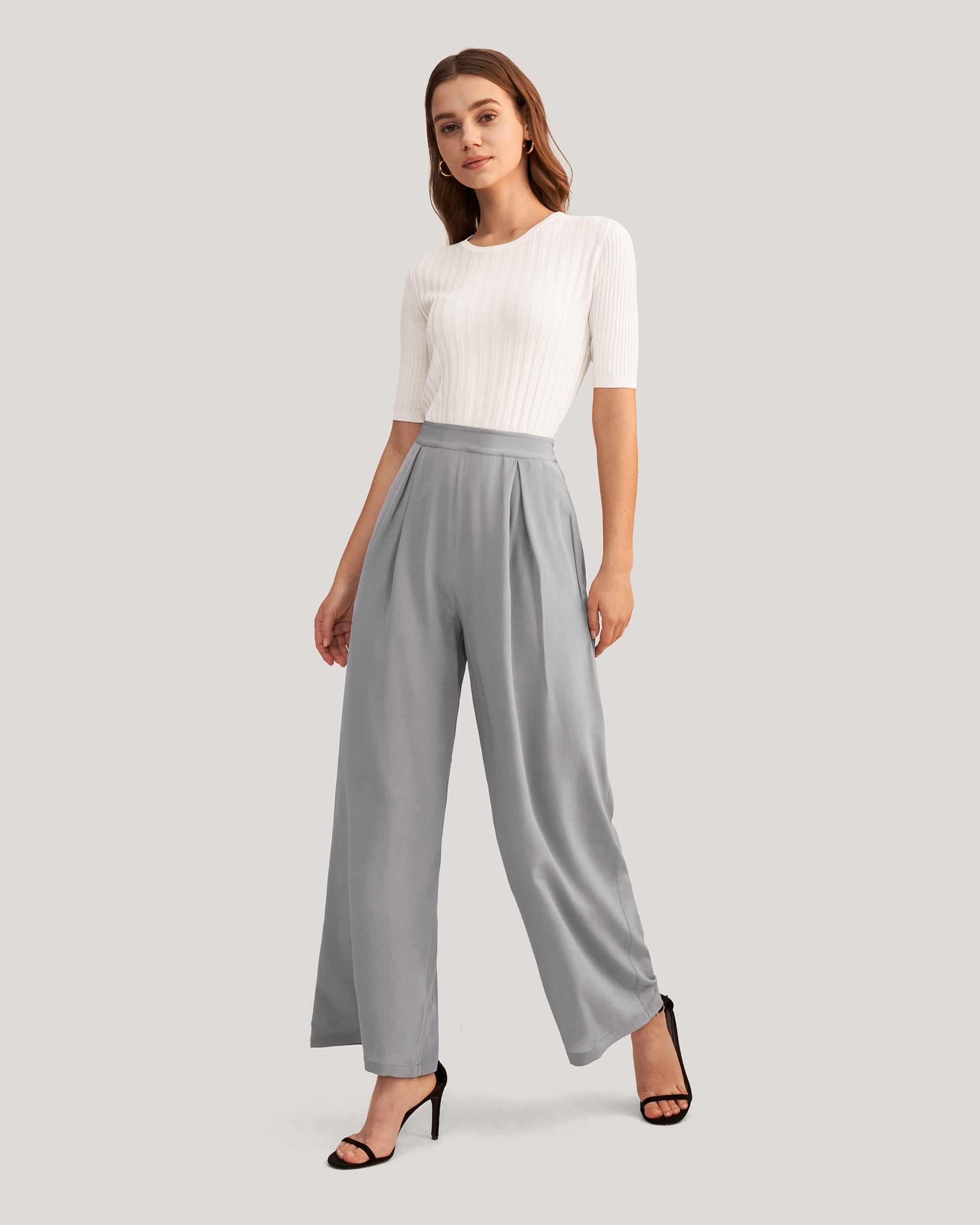 

Гладкие шелковые широкие укороченные брюки Classy LILYSILK, цвет classy grey