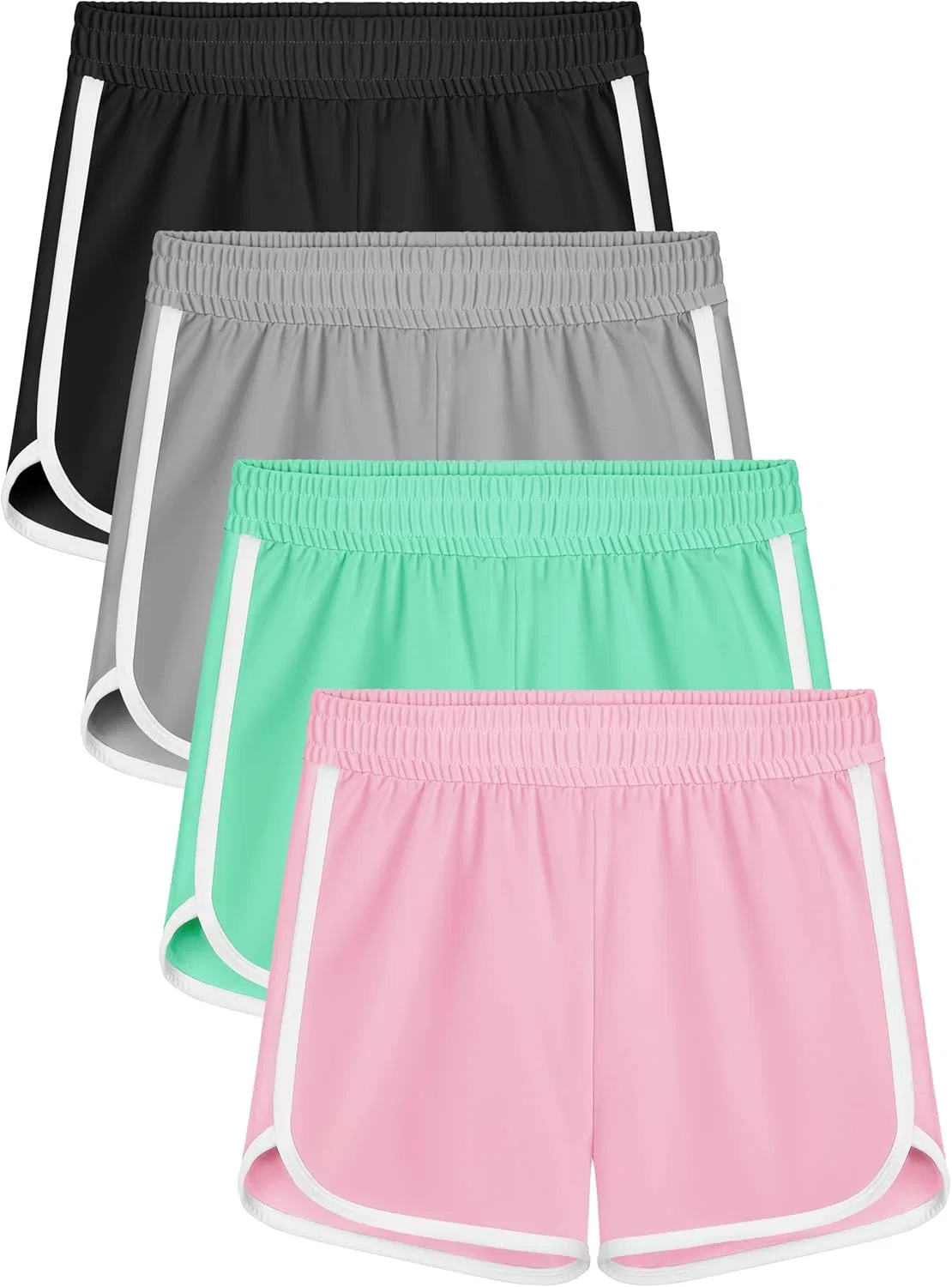 Resinta 4 Pack Girls Soccer Shorts Toddler Girls Athletic Shorts Quick Dry Workout Dolphin Kids Active Shorts, Black, Light Gray, Bright Pink, Mint
