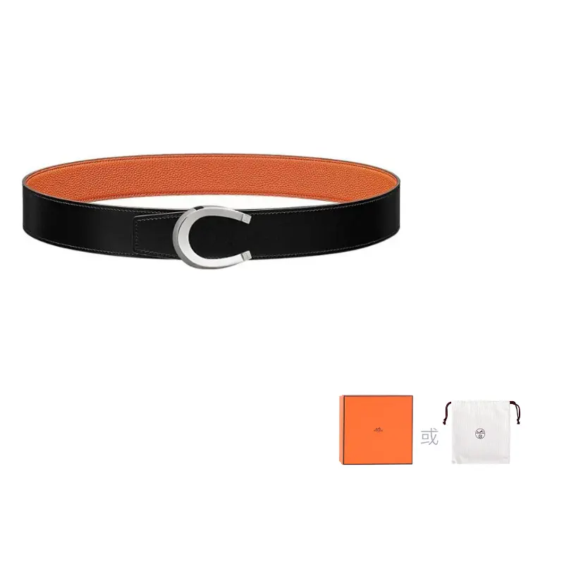 

HERMES Двусторонний кожаный ремень из телячьей кожи для мужчин черный оранжевый ширина 3,8 см, Black/Orange