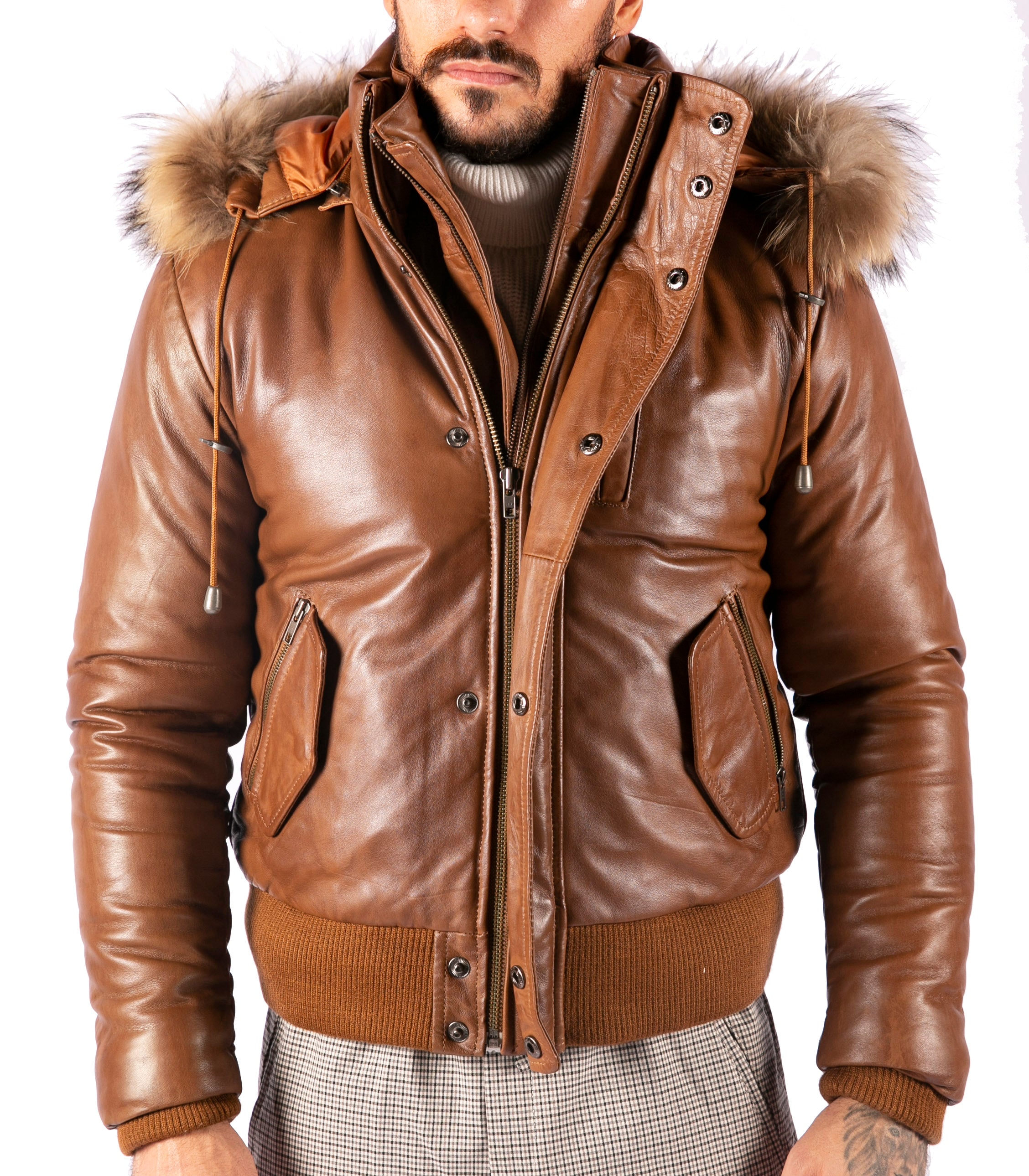 

Кожаная куртка-бомбер с капюшоном TruClothing, цвет tan