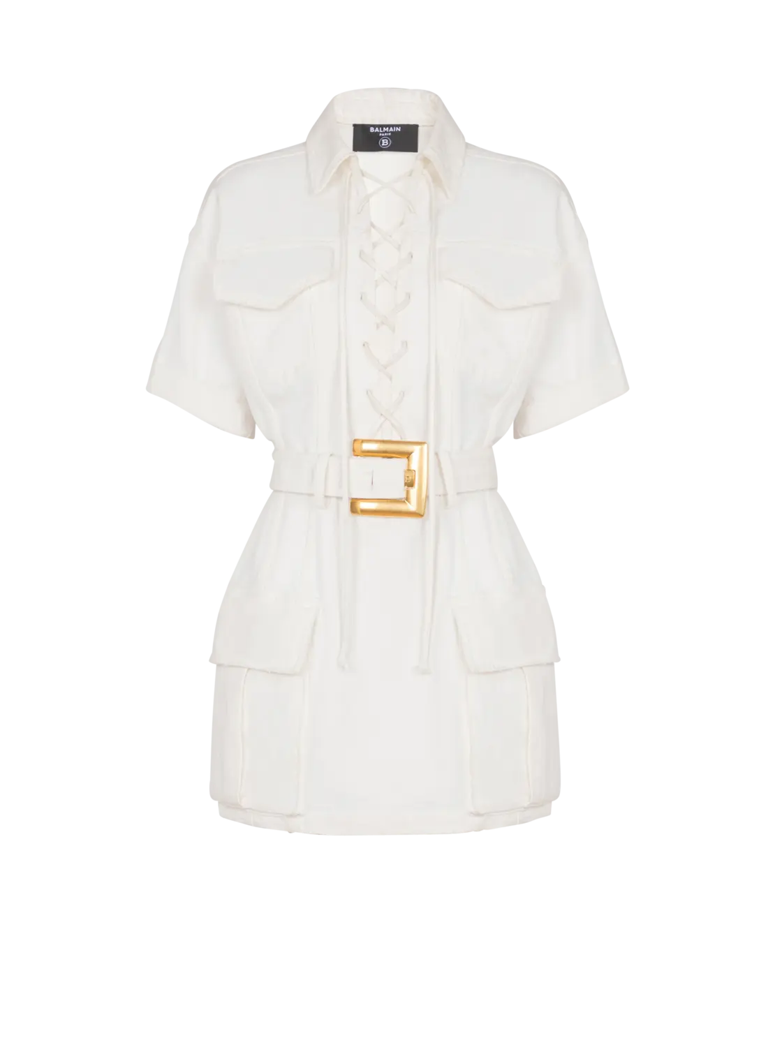 

Короткое платье из холста на шнуровке Balmain, белый