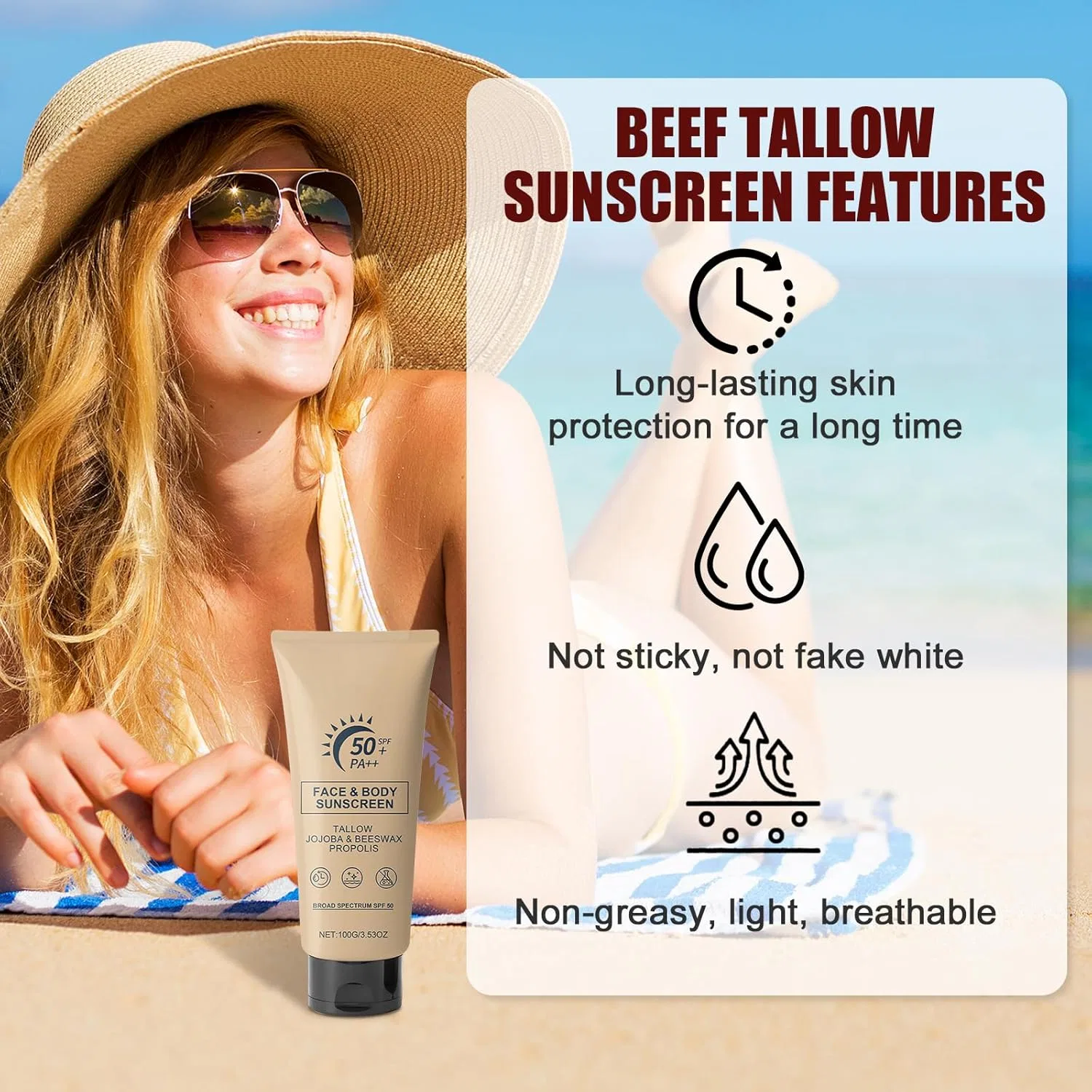 Водостойкий солнцезащитный крем Beef Tallow SPF 50+ для лица и тела, 100 г Muiefe — фото 3