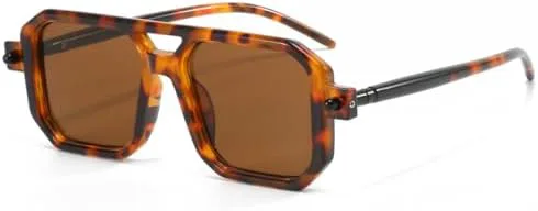 

Винтажные квадратные солнцезащитные очки с двойной дужкой, модные, в стиле пудинга из тофу, зеркальные, для уличной фотосессии, плоские, женские MTZJH, Leopard Brown