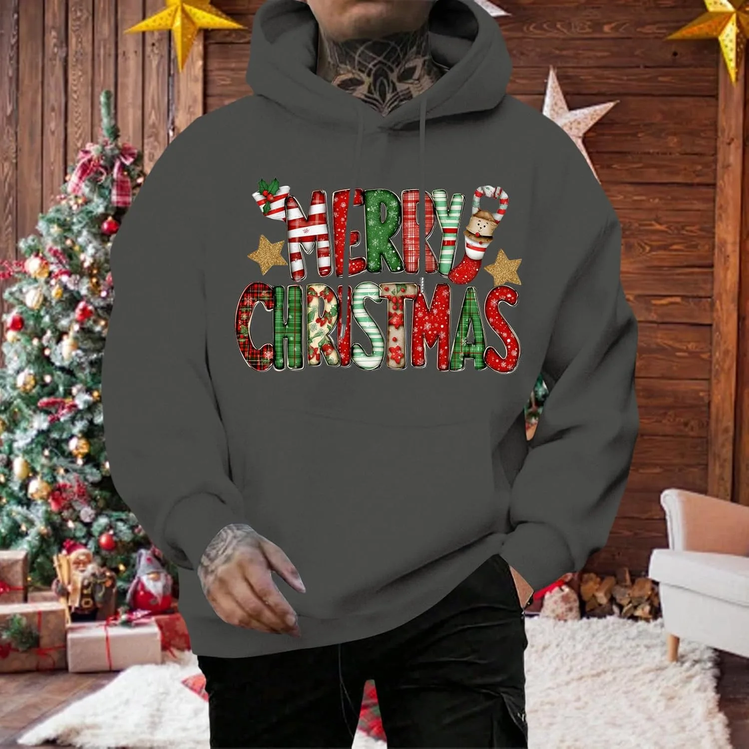 Толстовка с капюшоном для мужчин Merry Christmas, свободный крой — фото 2