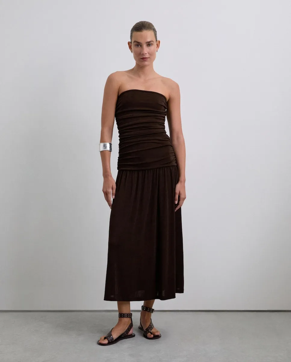 

Женское миди-платье с открытыми плечами и деталями со сборкой Scalpers, коричневый