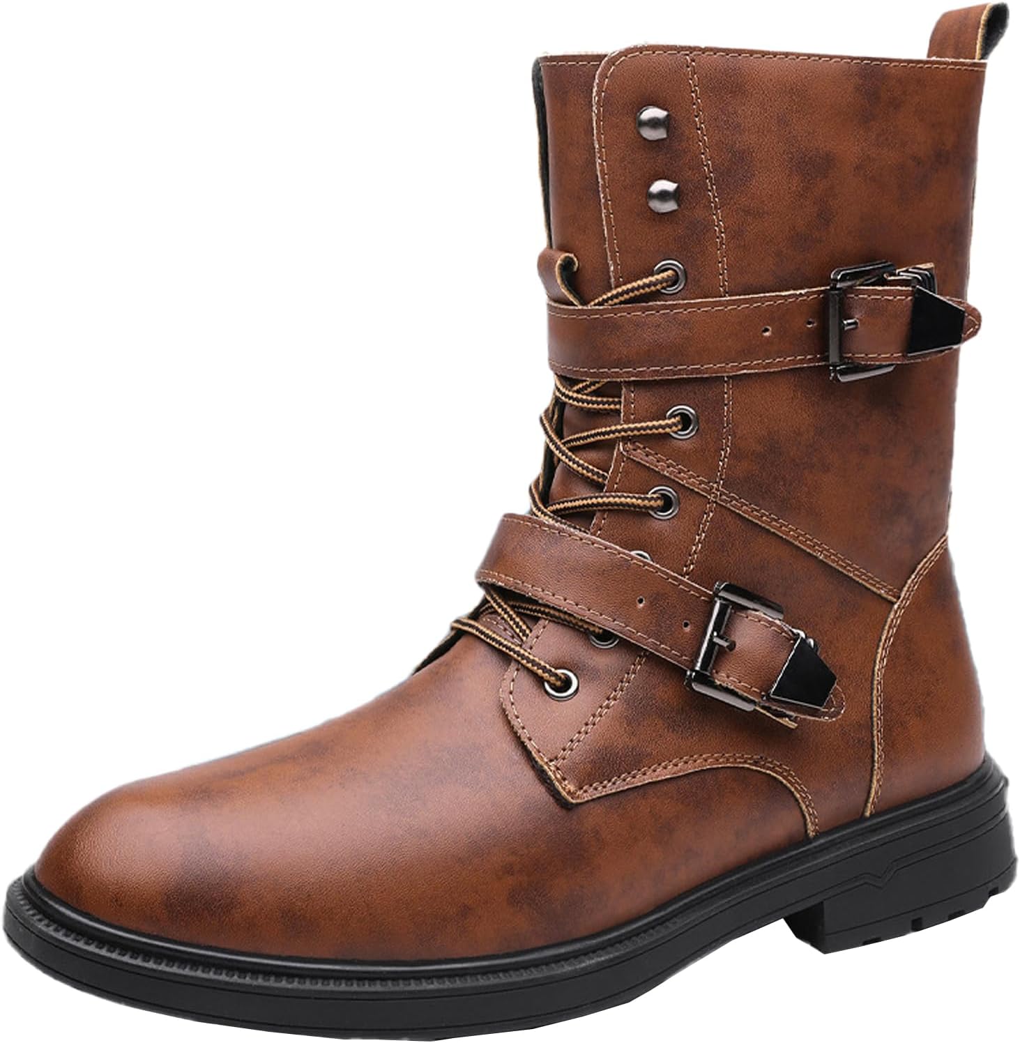 

Мужские кожаные мотоботы-чукка с шнуровкой, ретро, массивный каблук, повседневные боевые ботинки, стильные с круглым носком, двухпряжковые боевые ботинки Ghibhna, коричневый