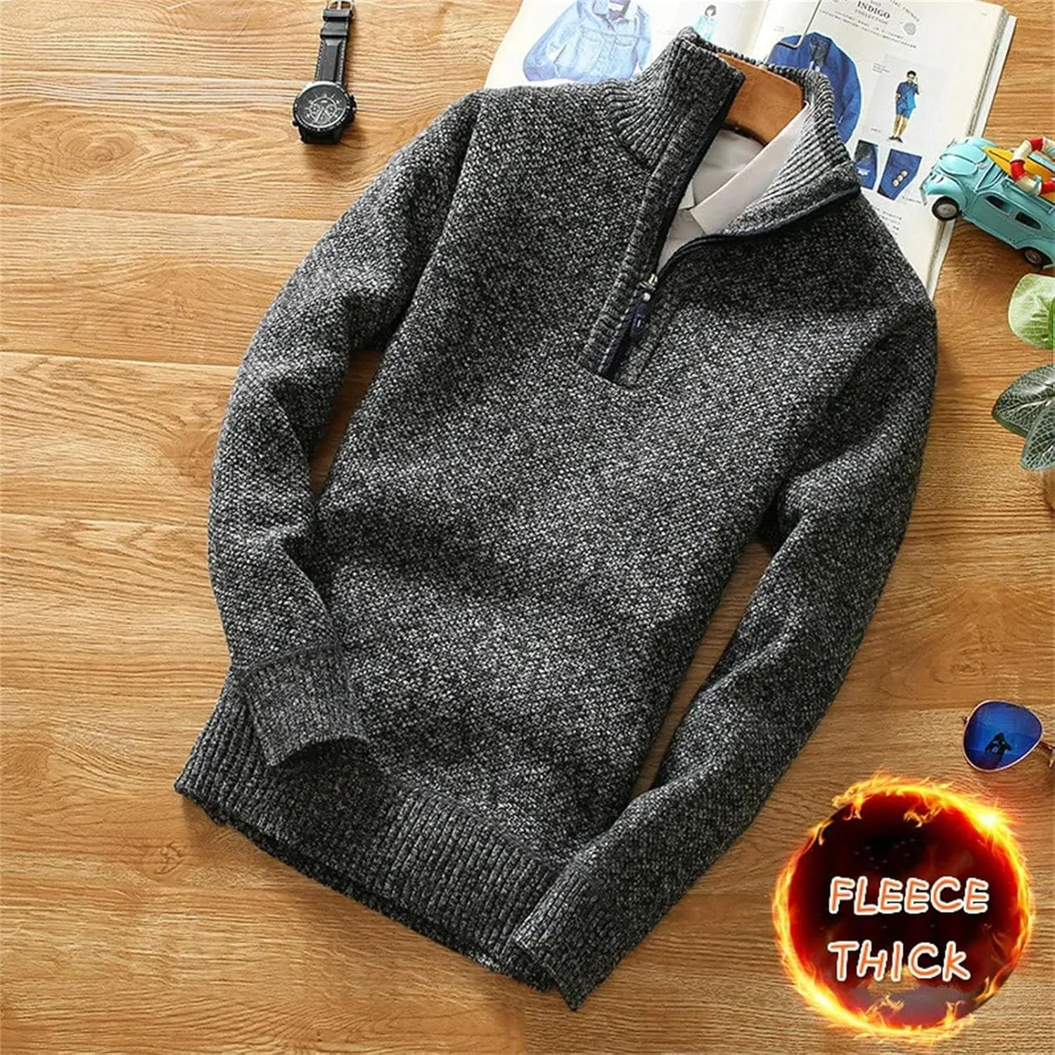 Зимний флисовый свитер мужской полузастежка водолазка теплый пуловер slim knitted wool — фото 4