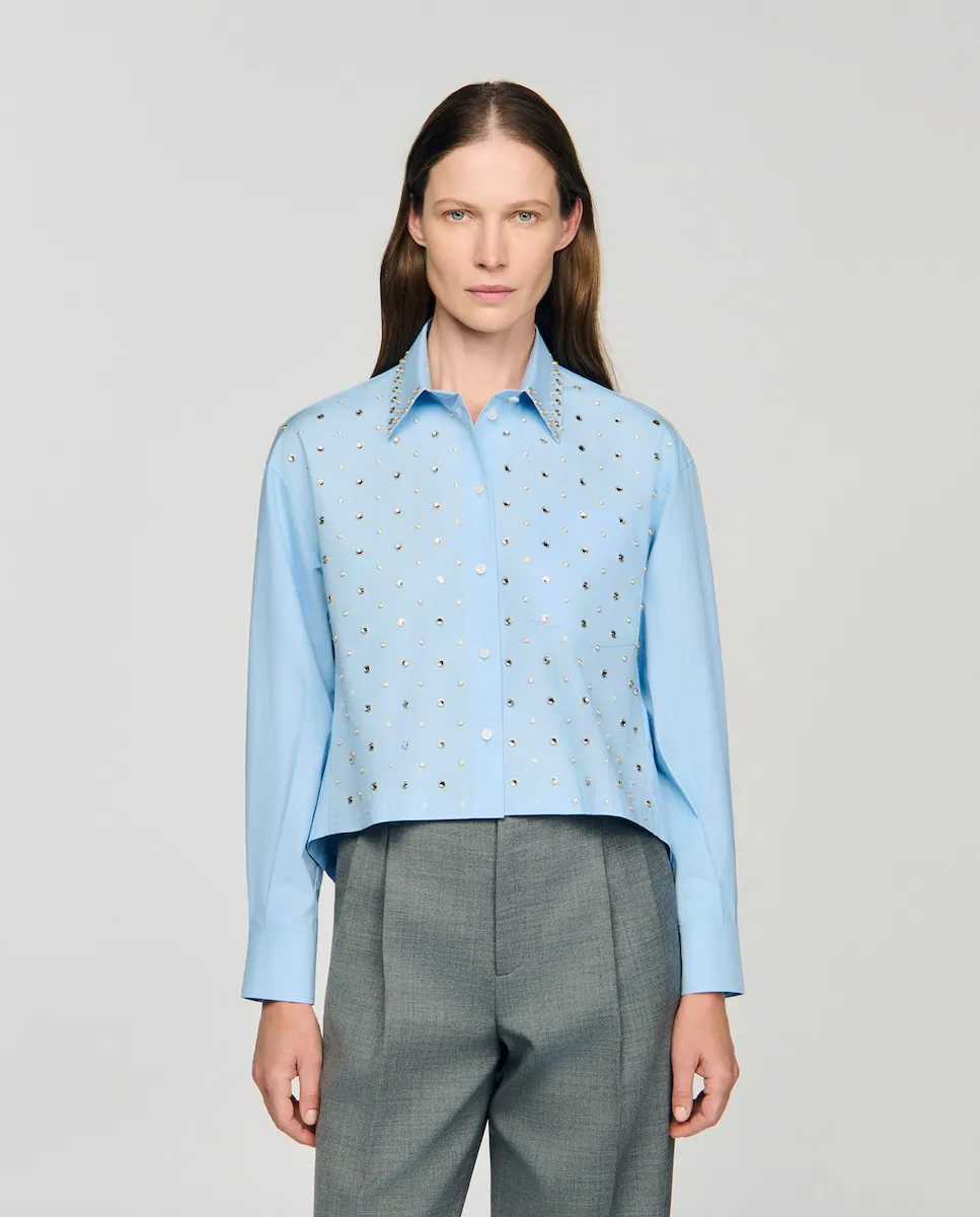 

Женская рубашка со стразами Sandro, светло-голубой