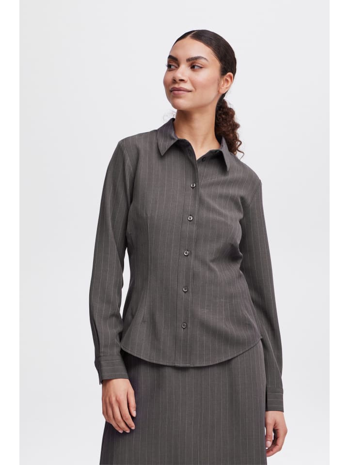 

B. young Короткая рубашка BYMMIDDE - СВЕТЛАЯ ТКАНЕВАЯ, приталенный крой, темно-серый цвет, меланжевая полоска