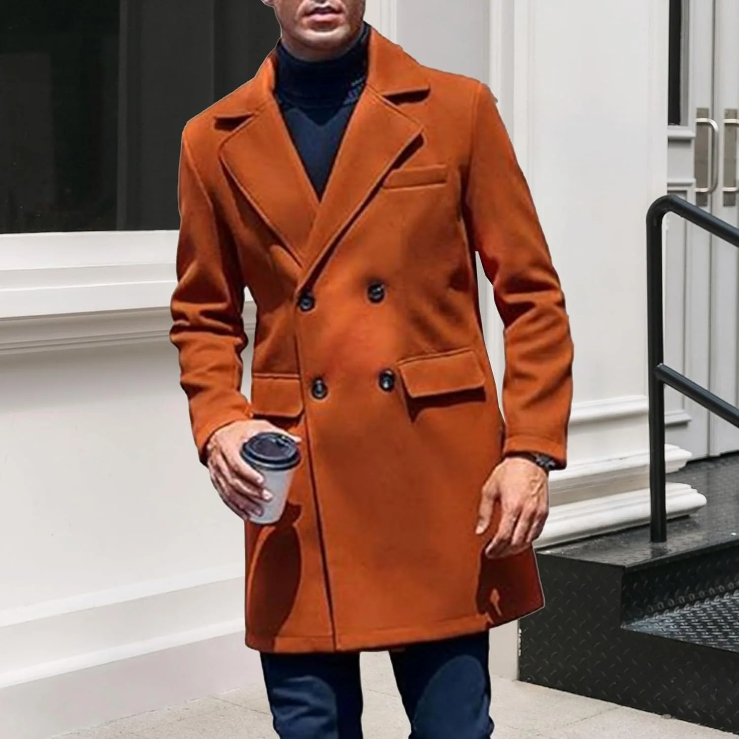 Тренч для мужчин Single Breasted, зимнее пальто pea coat с лацканом notch lapel Generic, коричневый — фото 2