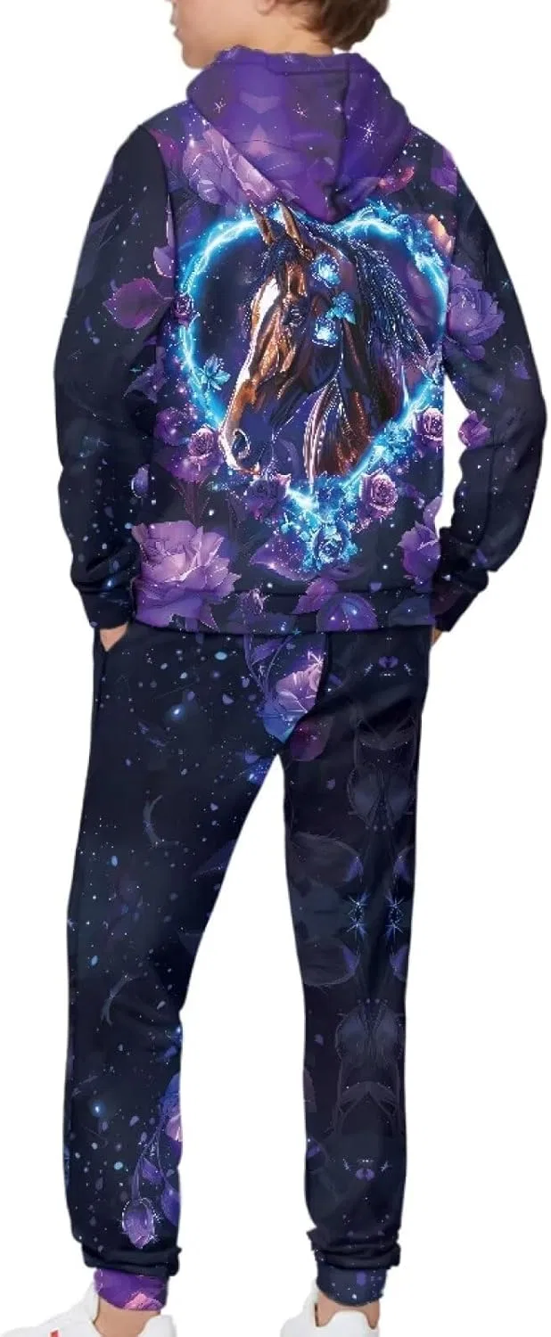 Детский спортивный костюм с принтом, Yuuxorilu, 2 предмета, Purple Horse With Purple Heart Printed — фото 4