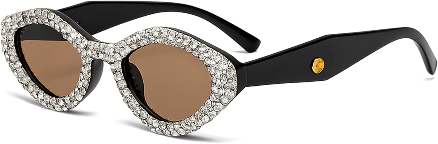 

bullabulling Модные солнцезащитные очки с ромбовидным узором и стразами для женщин, ретро-стиль, маленькие очки «кошачий глаз», блестящая кристальная оправа, Black/Tea