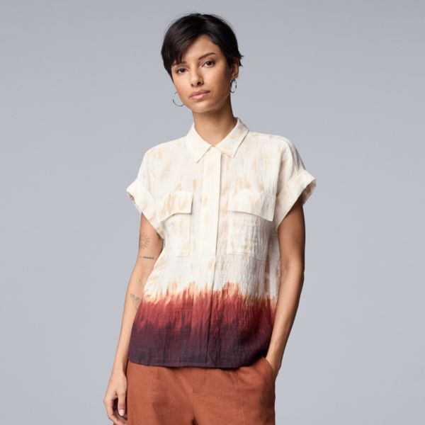 

Женская льняная рубашка с коротким рукавом Simply Vera Vera Wang, цвет brown dip texture dye
