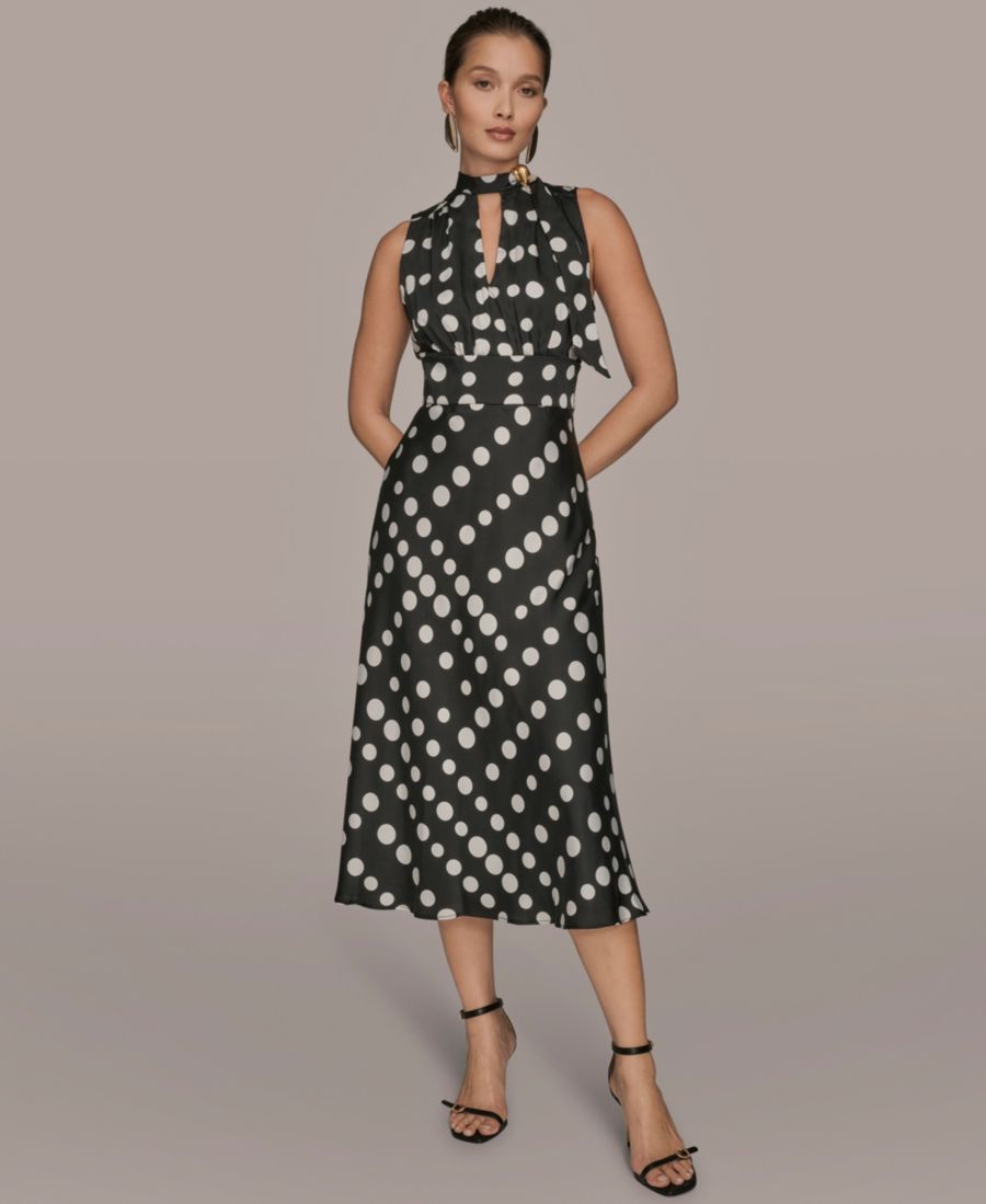 

Женское платье А-силуэта с принтом в горошек, завязками на шее Donna Karan New York, BLK/CRM