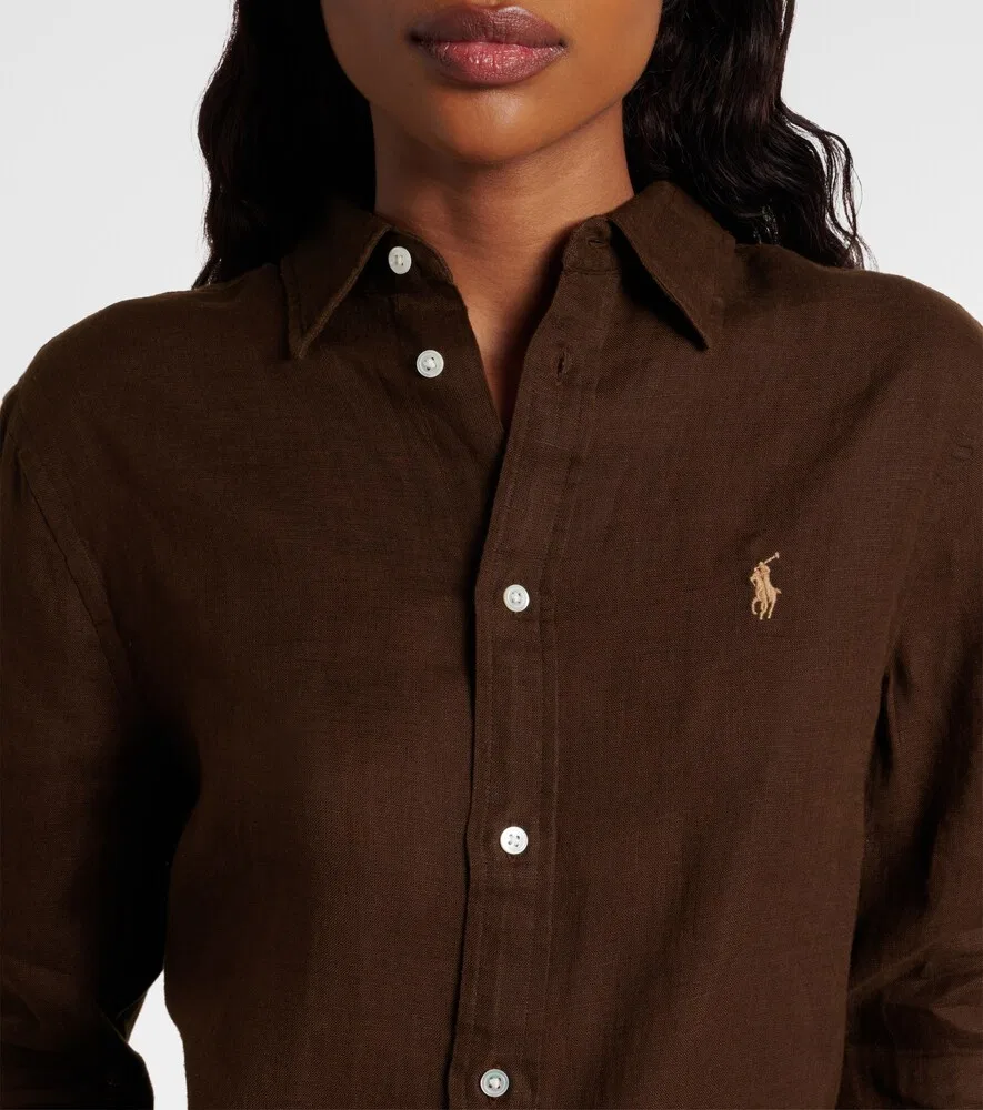 Льняная рубашка с логотипом Polo Ralph Lauren, коричневый — фото 4
