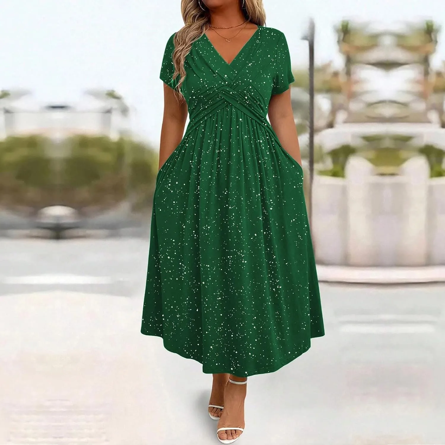 Блестящее повседневное платье-футболка для женщин с карманами Plus Size, струящееся платье с перекрестными деталями, удобная одежда Generic, зеленый — фото 2