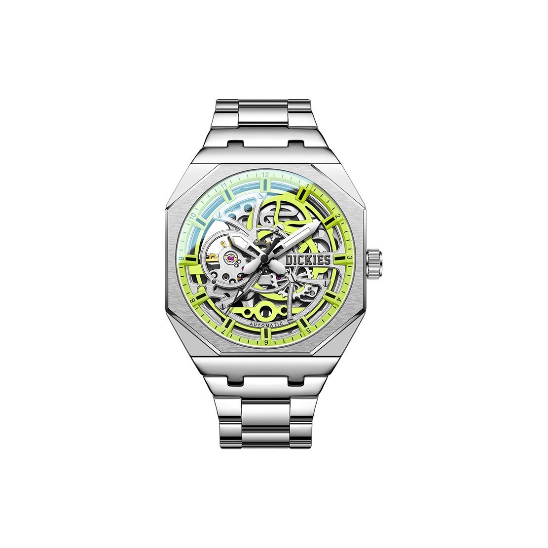 

Dickies Часы Starlight Collection Wrist Watch Mechanical Movement Stainless Steel Watchband Skeleton Dial Unisex Box, [Green Steel]CL-549DS-S3JX