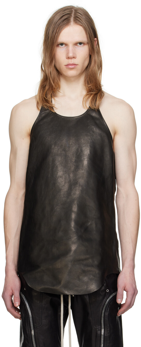 

Черная кожаная майка с овальным вырезом Rick Owens, цвет Black