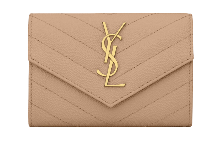 

SAINT LAURENT Монограмма Стеганый Кожаный Конверт Кошелек Маленький Женский Темно-бежевый