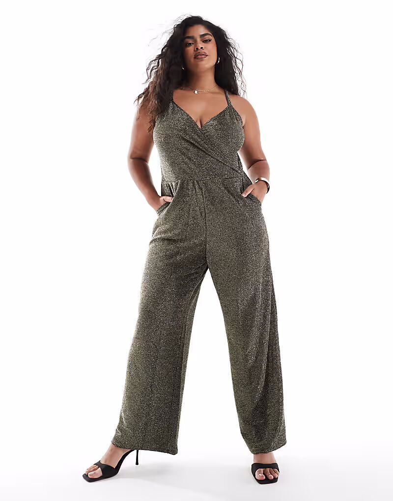 

Комбинезон Vero Moda Curve с широкими бретелеками, черного цвета с золотыми блестками