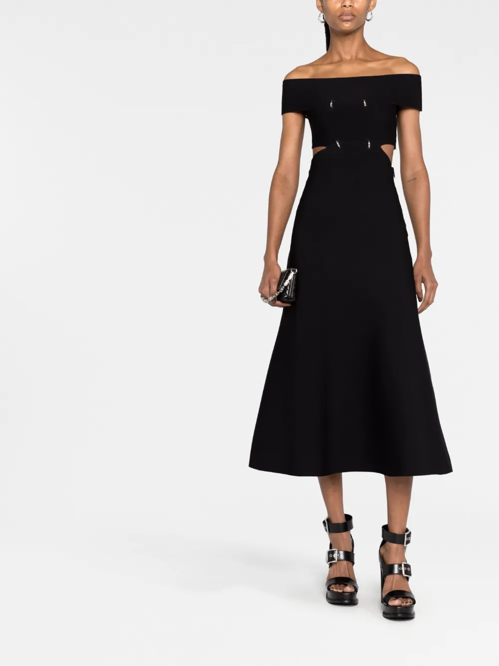 Расклешенное платье миди с открытыми плечами Alexander McQueen, черный — фото 2