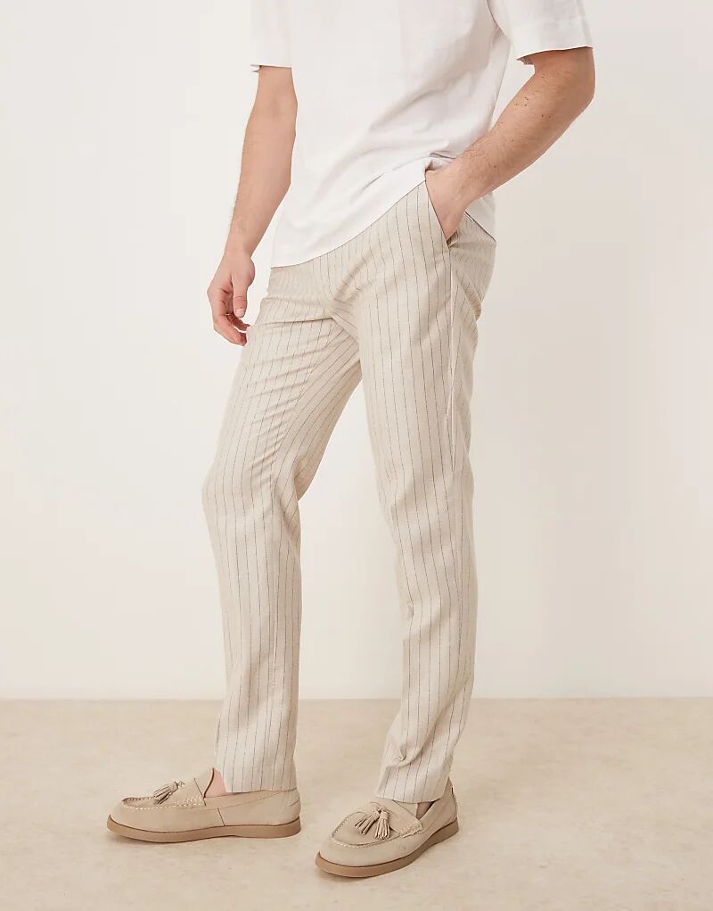 

Узкие брюки ASOS DESIGN из льняной смеси в кремовую тонкую полоску