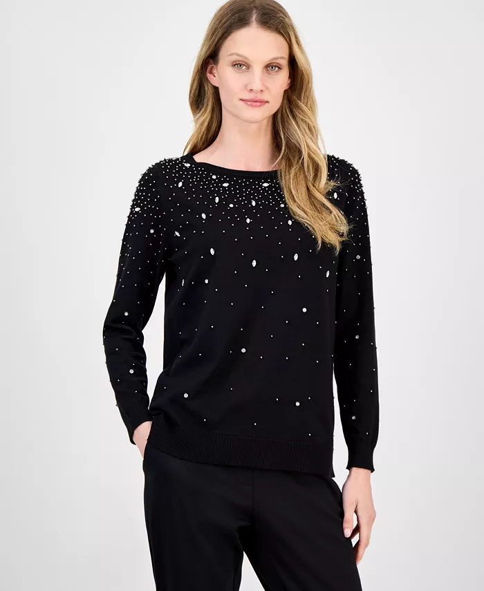 

Женский декорированный свитер с вырезом-лодочкой Anne Klein, черный