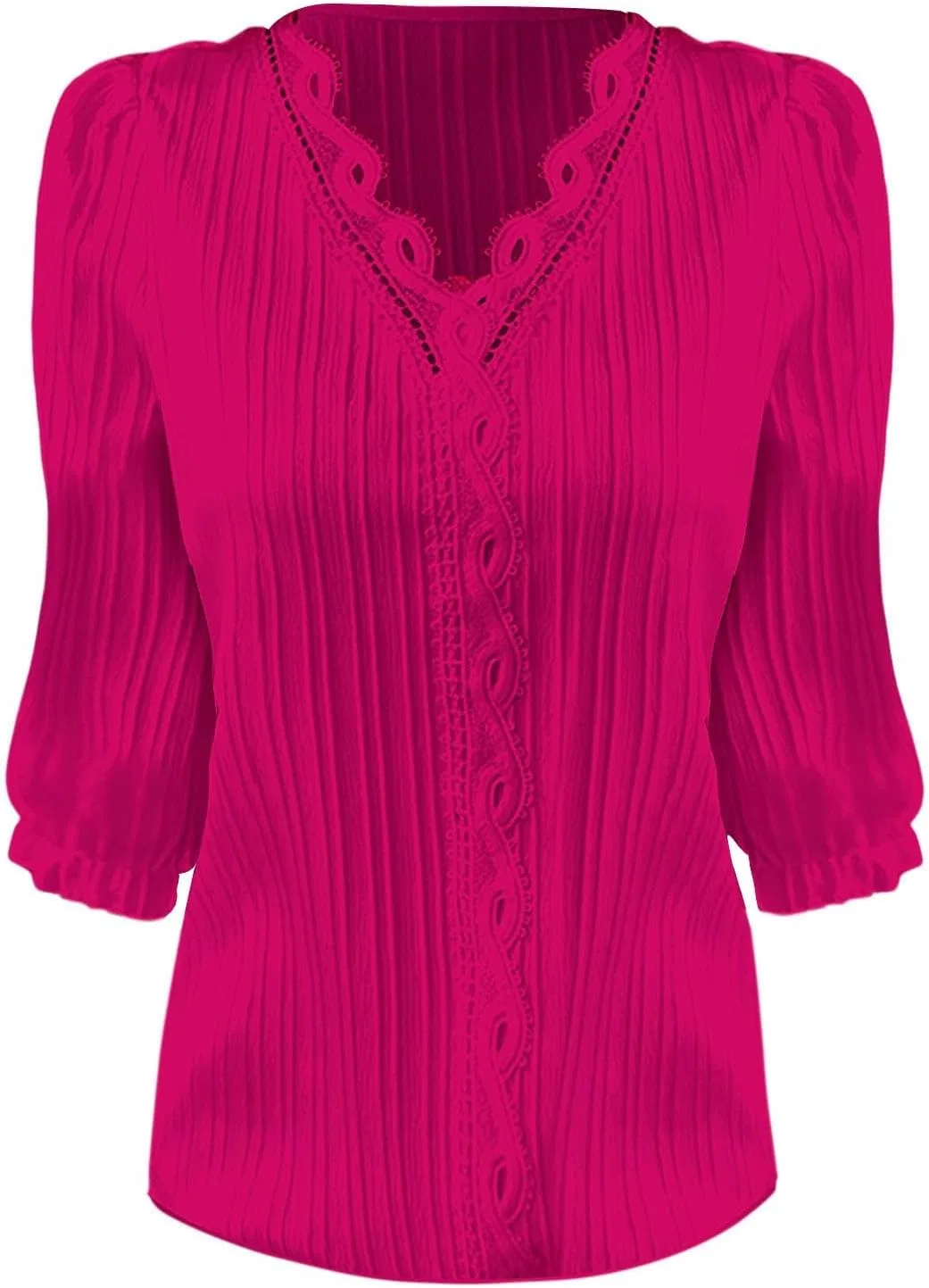 Блуза из льна с кружевом, Half Sleeve, V-образный вырез, Hot Pink — фото 3