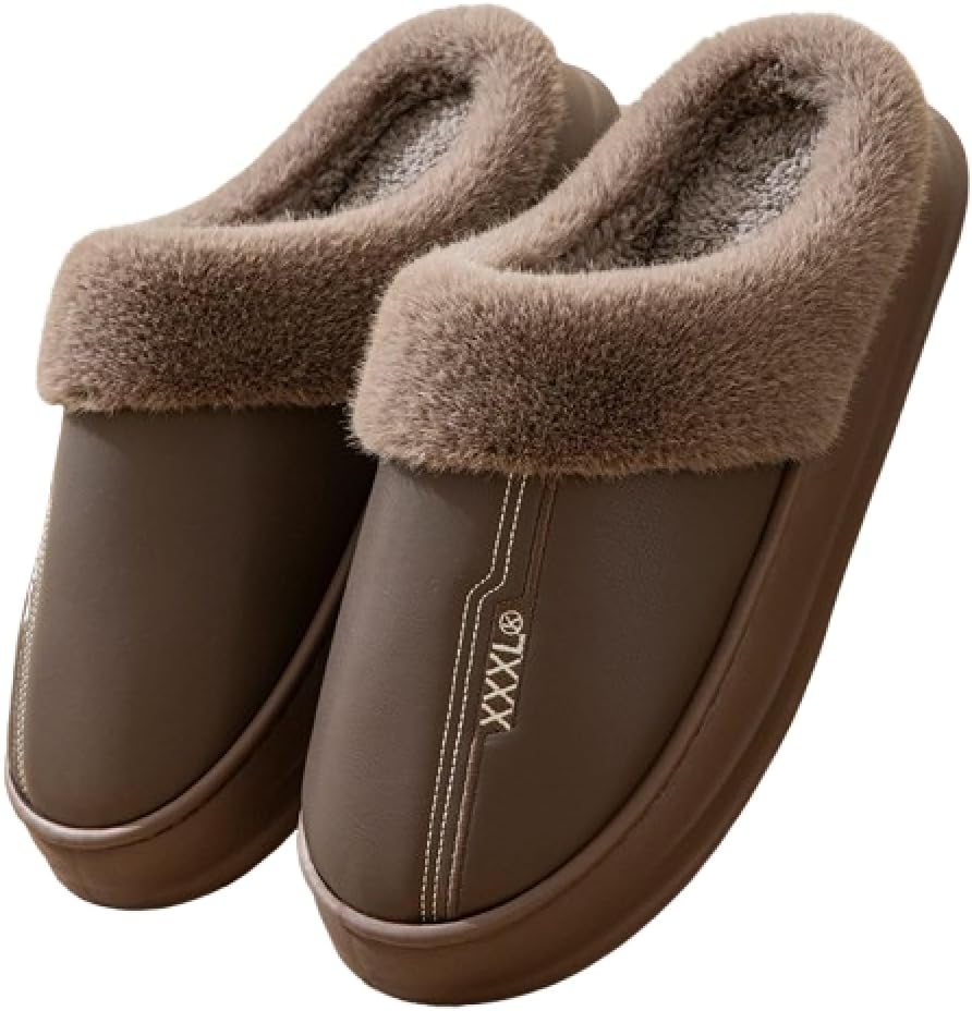 

Мужские домашние тапочки больших размеров из кожи с премиальным комфортом, противоскользящие, пушистые, мягкие, теплые, с плюшевой отделкой и амортизирующей подошвой Generic, коричневый