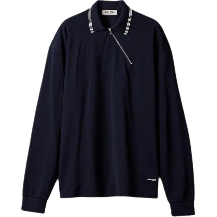 Застегивающаяся на молнию длиннорукавная поло MIU MIU, Marine Blue
