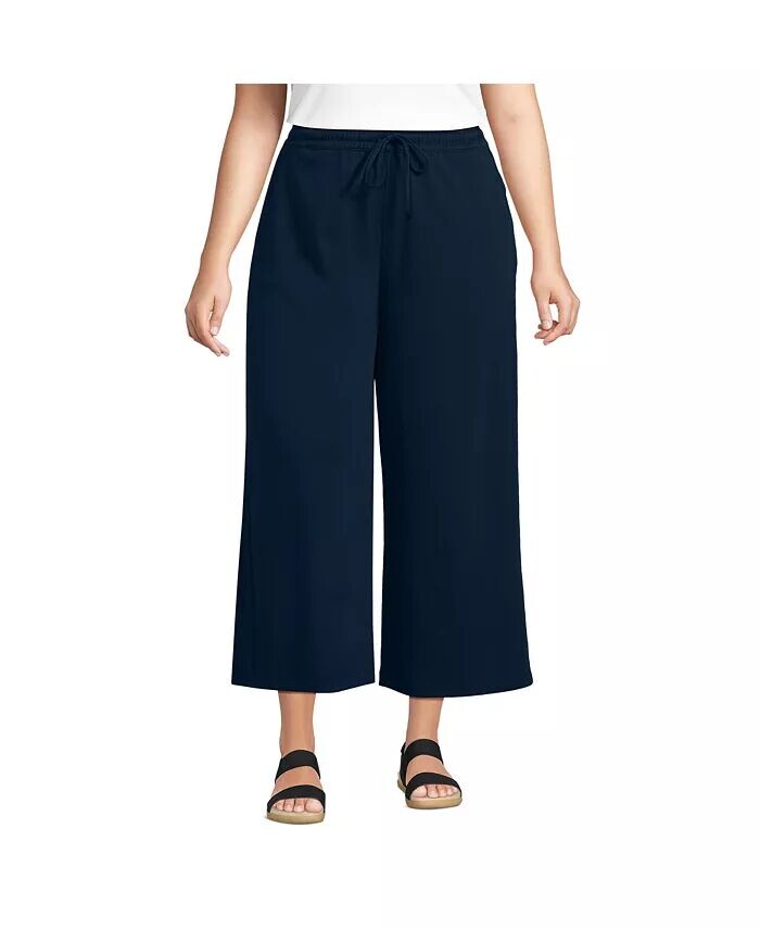 

Спортивные трикотажные широкие укороченные брюки с эластичной резинкой на талии больших размеров Lands' End, синий