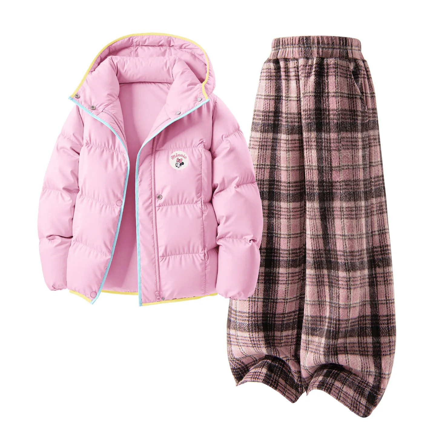 Детский спортивный костюм с круглым вырезом Disney, [Thickened and Fleece-Lined]Dini Round Hook-and-Loop K Light Blue+Solid Color Pink Plaid — фото 3