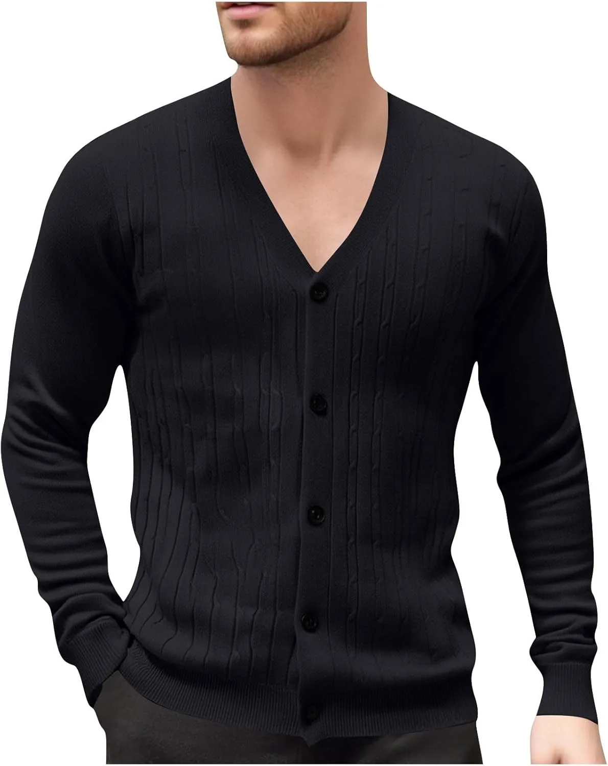 

Мужской кардиган с V-образным вырезом и длинными рукавами, вязаный кабельным узором, casual, slim fit