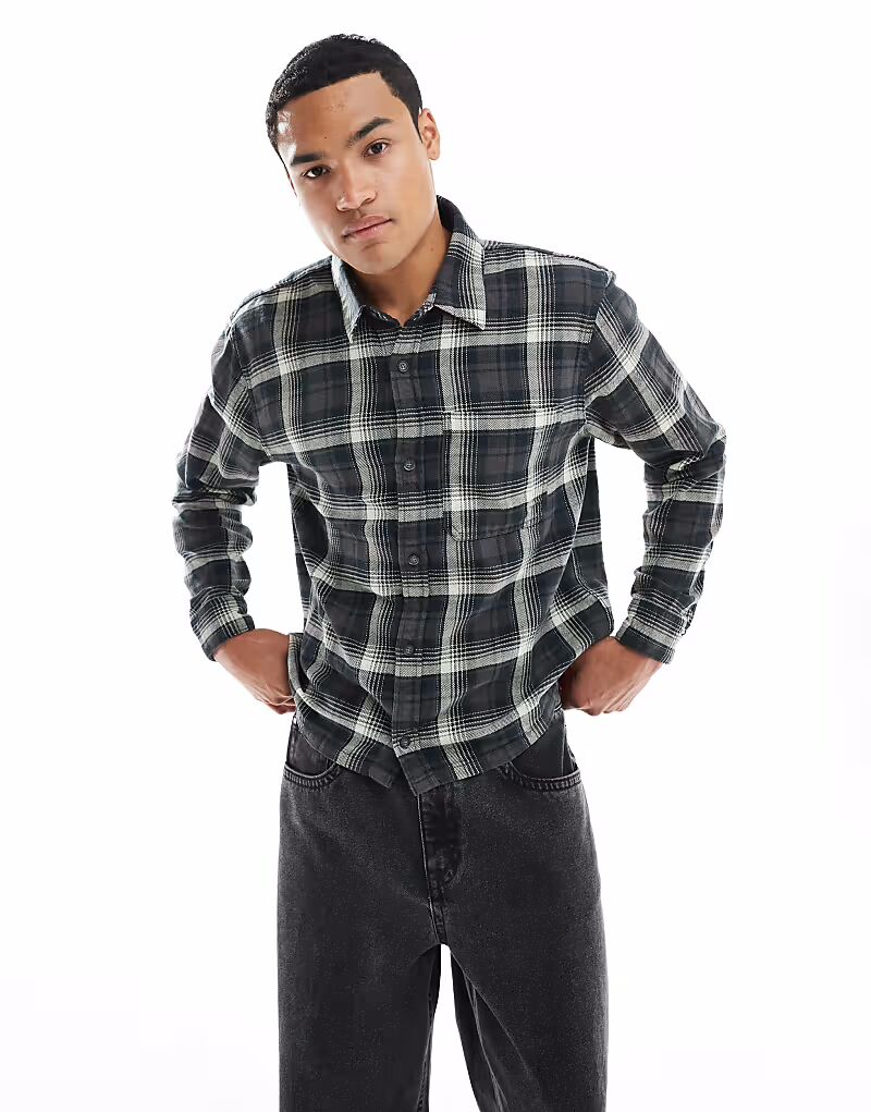 

Рубашка с длинными рукавами в клетку, черная, фланелевая Hollister