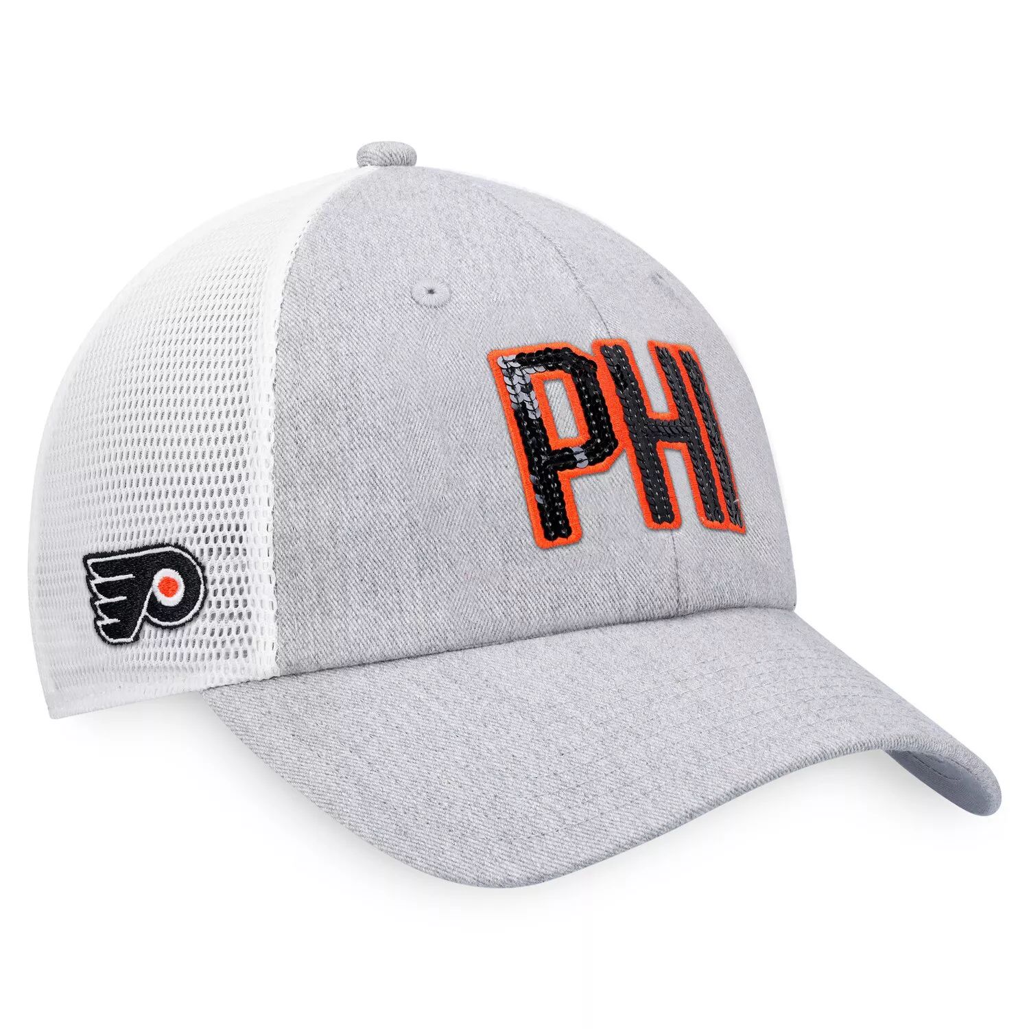 

Женская кепка Fanatics с логотипом Heather Grey/White Philadelphia Flyers Iconic Glimmer Trucker Snapback Fanatics