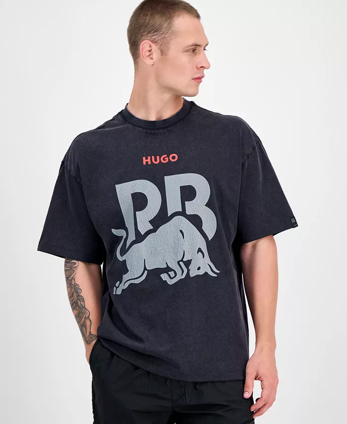 

Мужская футболка с коротким рукавом оверсайз и принтом "Bull" в стиле Fanwear, постиранная для эффекта состаренности Hugo Boss, черный