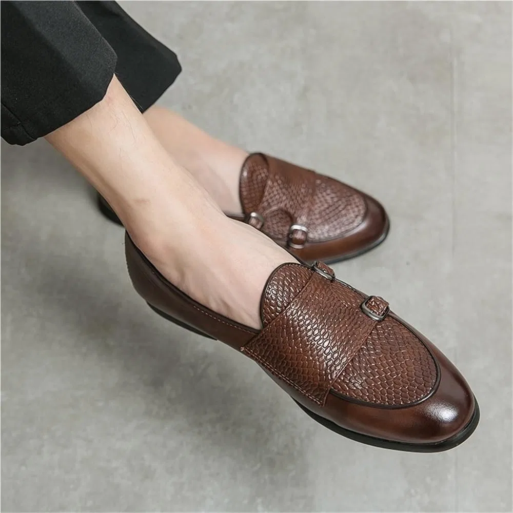 Лоферы мужские кожаные, двойная пряжка, Brown DHFIRUFSHLO — фото 2