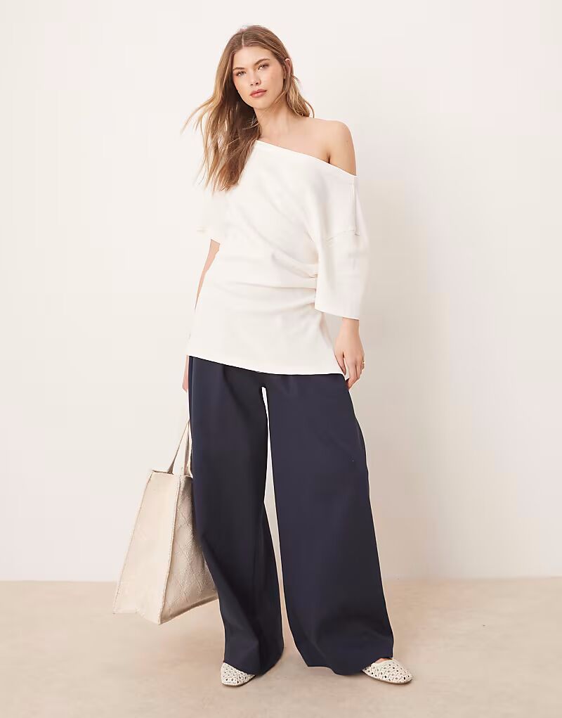 

Футболка ASOS DESIGN с открытыми плечами и присборенной талией вафельного цвета с эффектом потертости