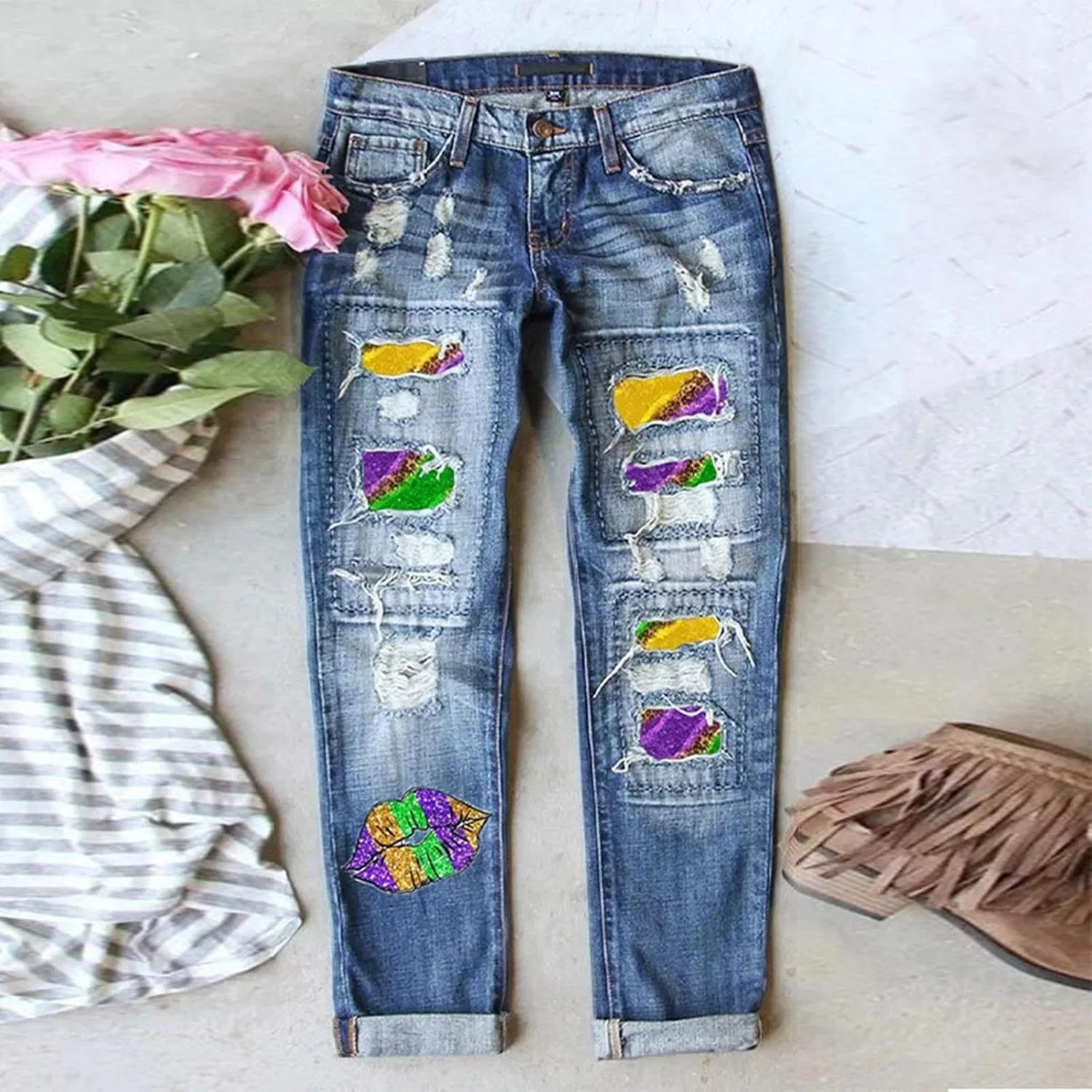 Джинсы Patchwork Straight Leg Mardi Gras, синие — фото 2