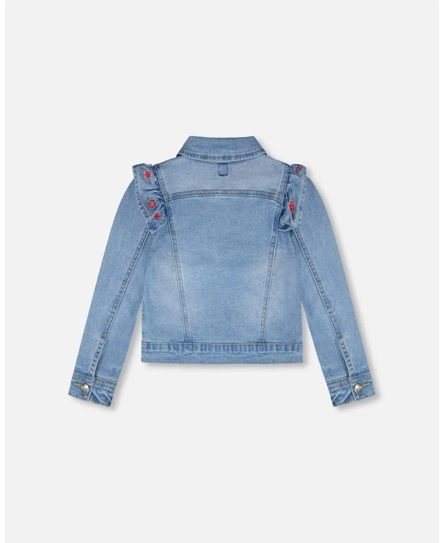 Джинсовая куртка для девочек с вышивкой Deux par Deux, светло-голубой denim — фото 3