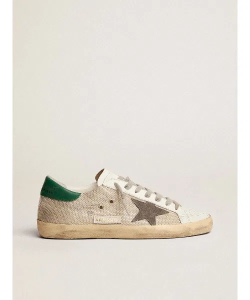 Мужские кроссовки GOLDEN GOOSE Super-Star из сетки с серой замшевой звездой и зелёной кожаной вставкой белые