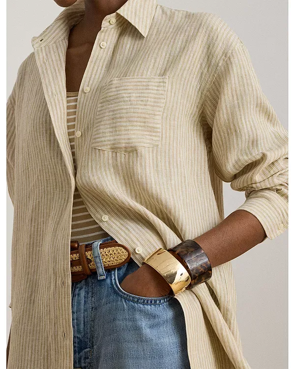 Свободная полосатая льняная рубашка Ralph Lauren, Tan — фото 4