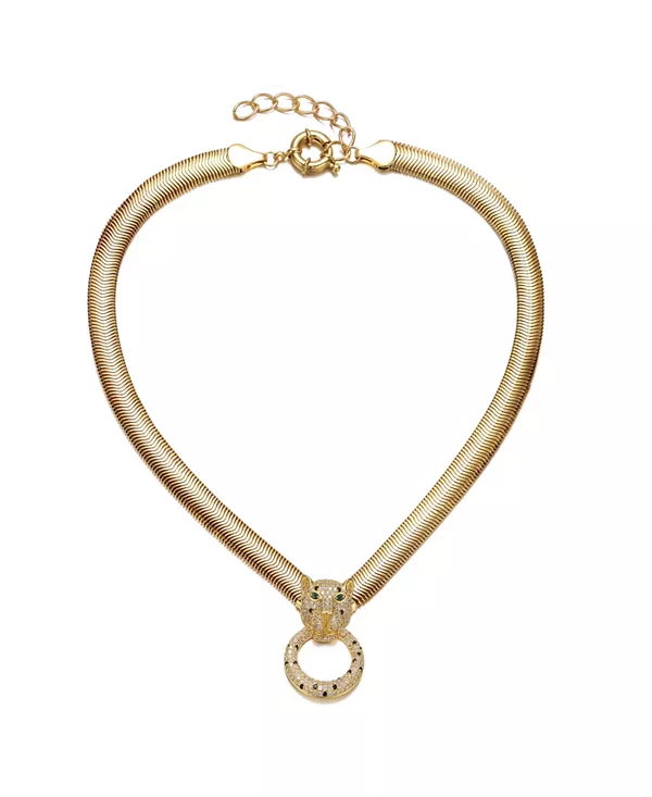 

Ожерелье-Цепочка в виде головы пантеры с покрытием из желтого золота 14 карат, зелеными и кубическими цирконами, с проволочным дверным молотком и узором «елочка», регулируемое с удлинительной цепочкой Rachel Glauber, gold