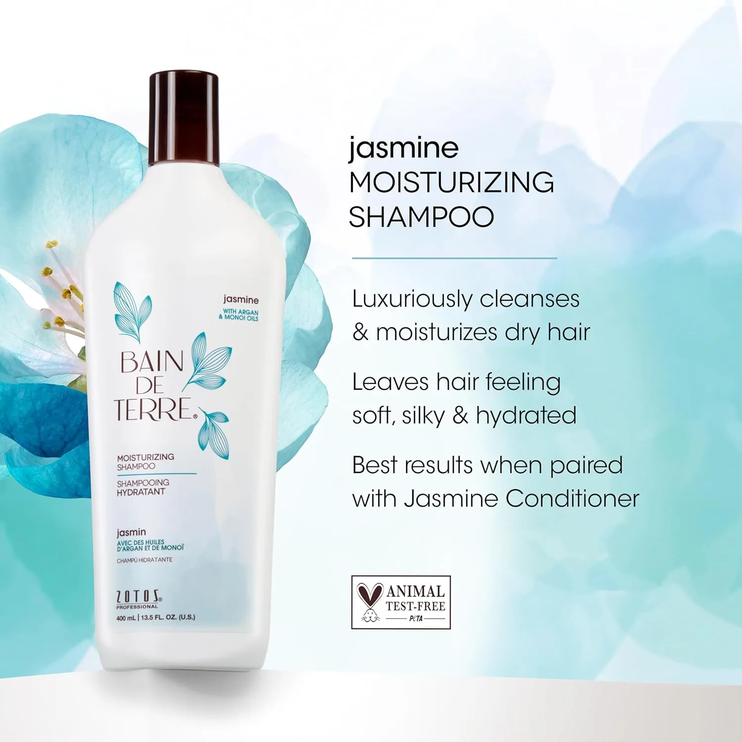 Увлажняющий шампунь Bain de Terre Jasmine, роскошное увлажнение для сухих волос с аргановым маслом и маслом монои, без парабенов, подходит для окрашенных волос, веганский продукт. 399 мл (2 шт.), Green — фото 3