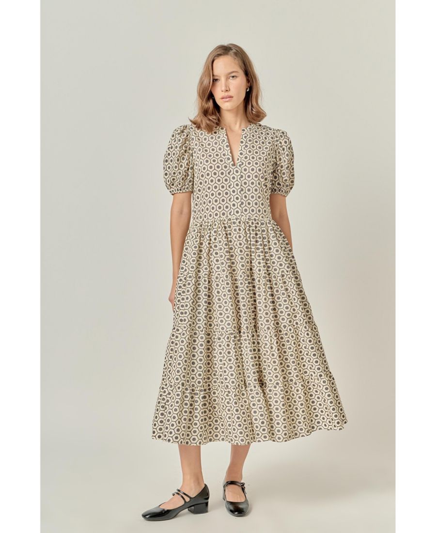 

Женское миди-платье с принтом и пышными рукавами English Factory, No Color