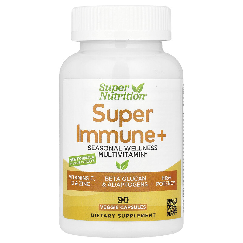 

Super Nutrition, Super Immune+, мультивитамины с суперадаптогенами, зеленью, специями и антиоксидантами, 90 растительных капсул