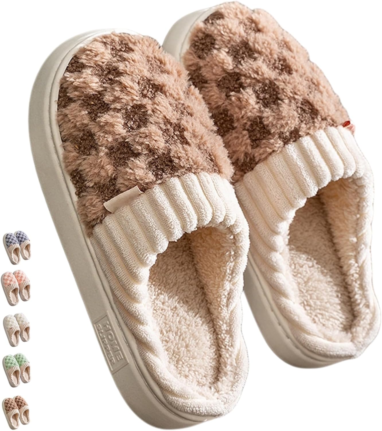 

Iwhgrmp Модные домашние тапочки в клетку для женщин и мужчин, для зимы, теплые и уютные, плюшевые, хлопковые, клетчатые, пушистые, для спальни, на толстой подошве, на один шаг, хаки